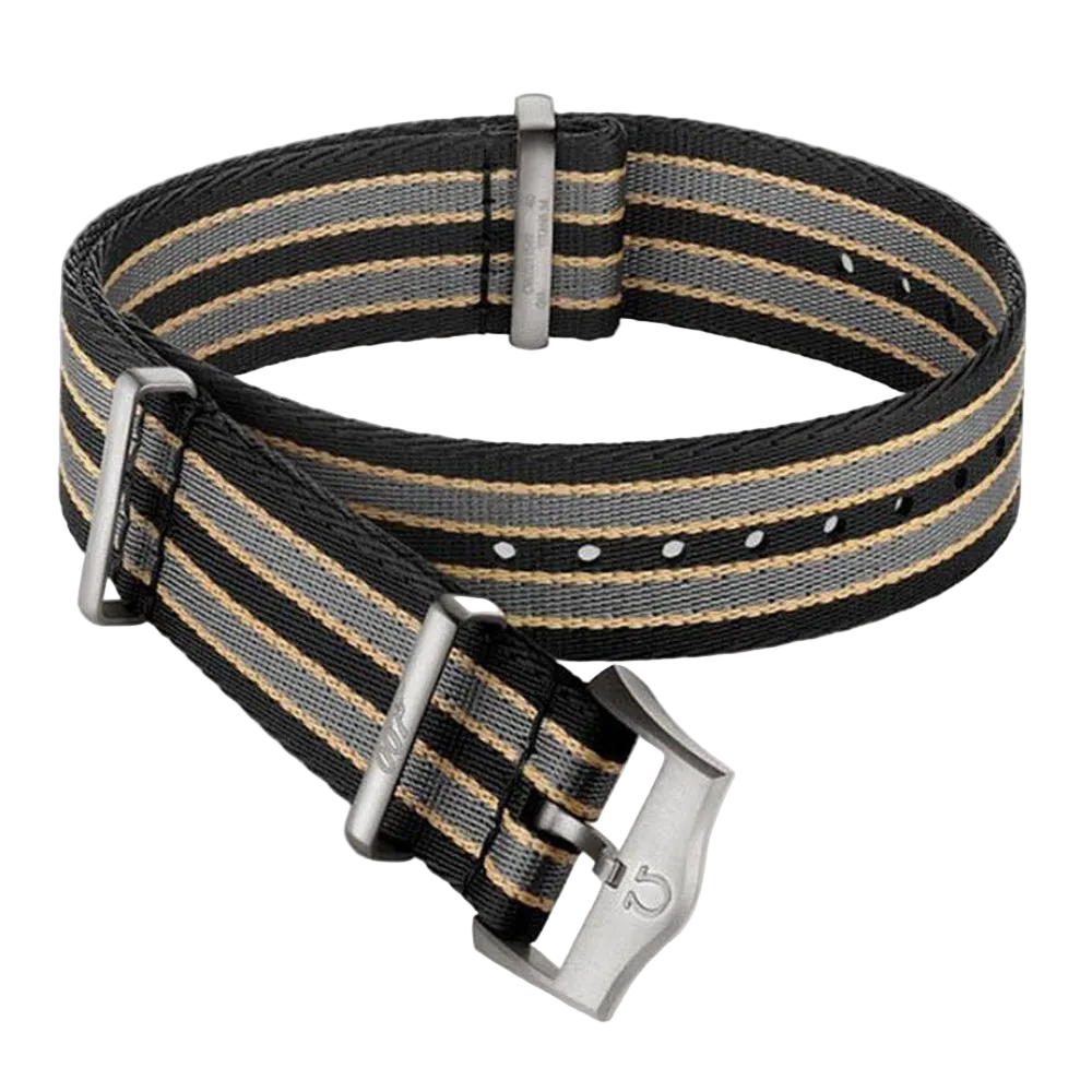 A nylon watch strap with a black, gray, and tan striped pattern, featuring silver-toned metal hardware including a buckle, loops, and a keepers pin.
