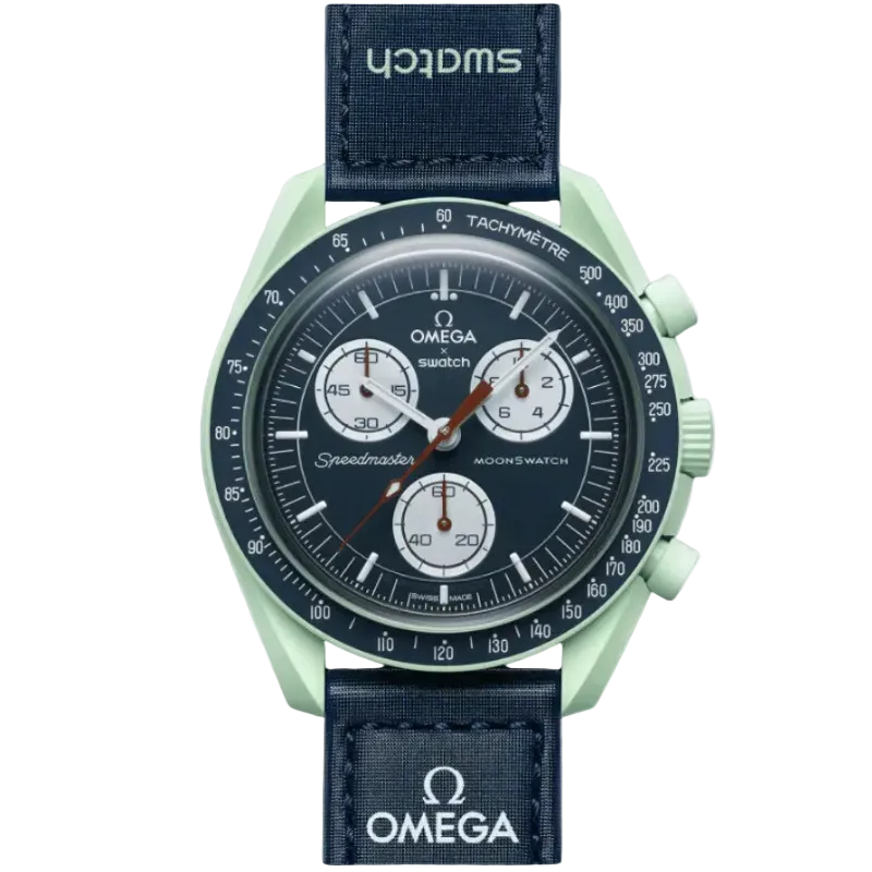 Swatch watch with Omega strap on a white background