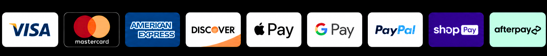 A black promotional graphic showing a row of secure payment logos, including Visa, Mastercard, American Express, Discover, Apple Pay, Google Pay, PayPal, shopify, and afterpay. Text above reads 'SECURE PAYMENTS' with additional claims 'SSL ENCRYPTED', '100% SECURE', and 'PRIVACY PROTECTED'.