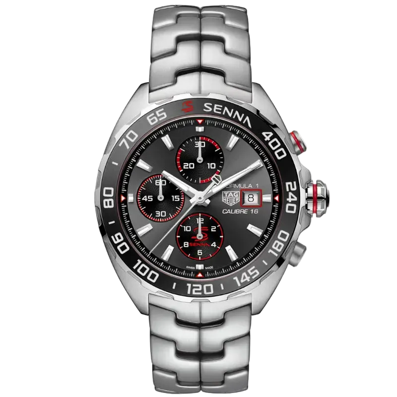 Silver watch with black dial on a white background