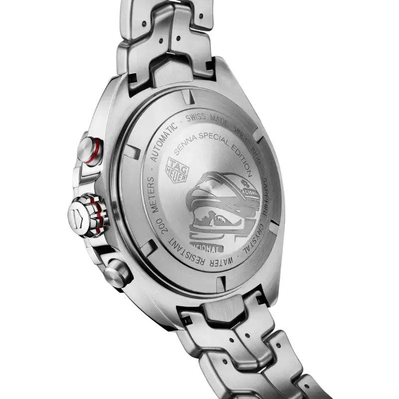 Close-up of a silver watch with brand logo on a white background