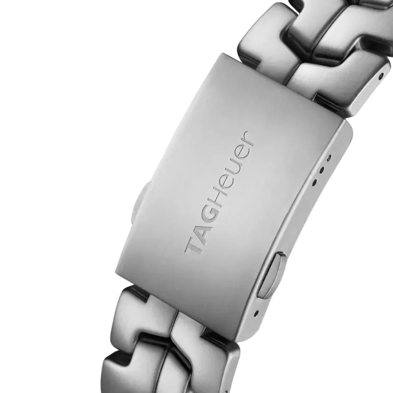 Close-up of a silver watch strap with 'TAG Heuer' branding on a white background