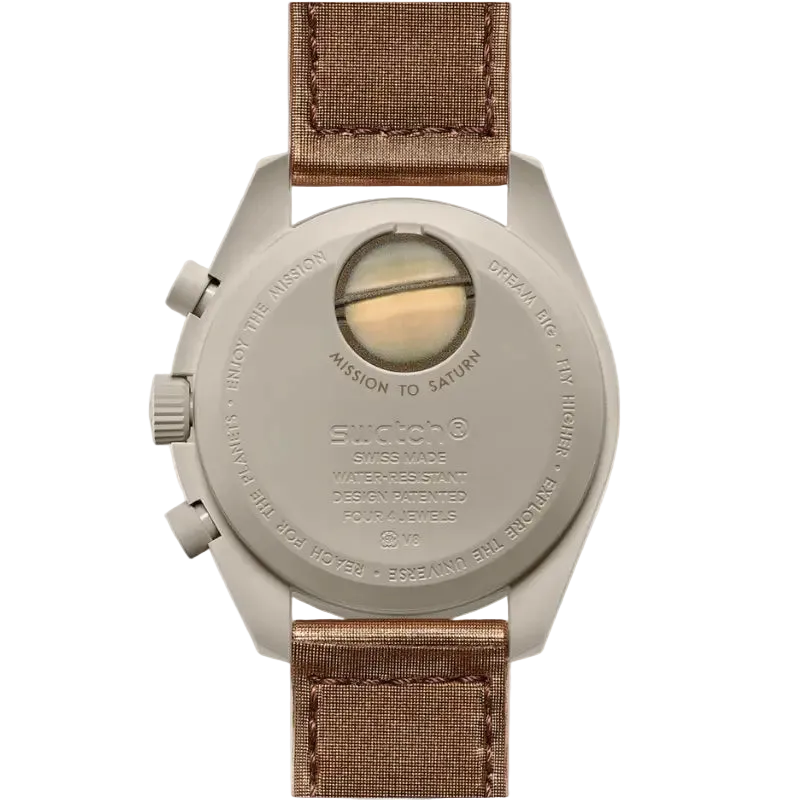 Swatch watch with brown strap and beige case on a white background