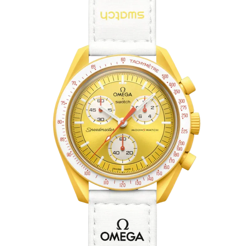 Gold and white watch with Omega branding on a white background