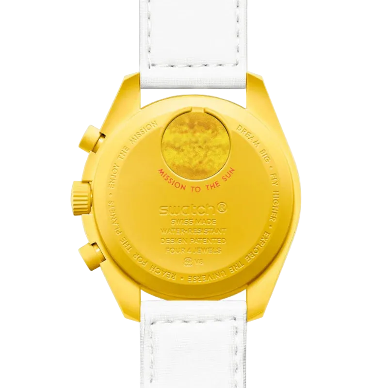 Yellow Swatch watch case with white strap on a white background