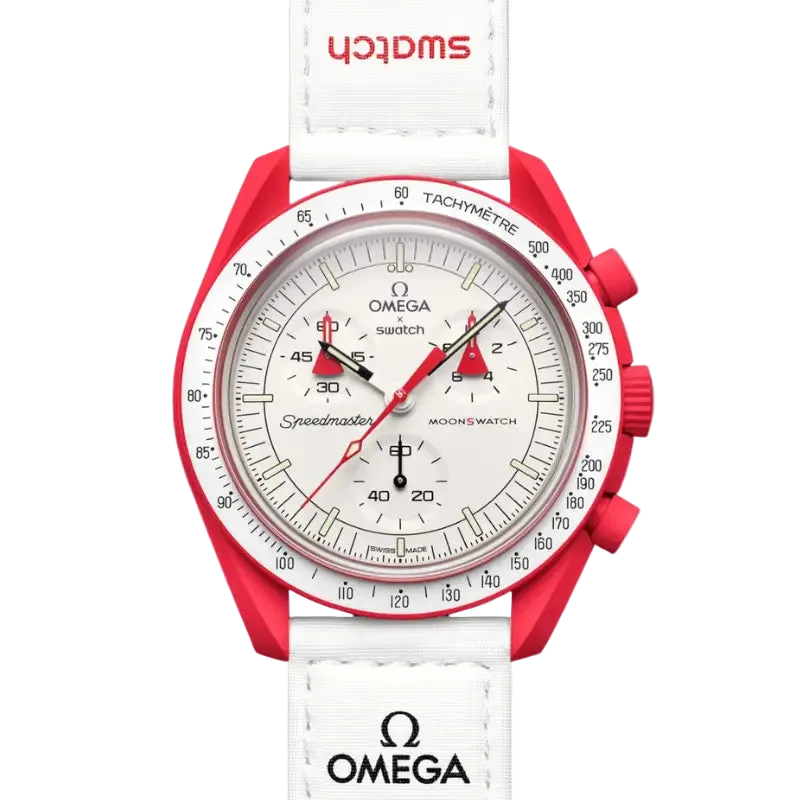 Omega watch with red and white strap on a white background