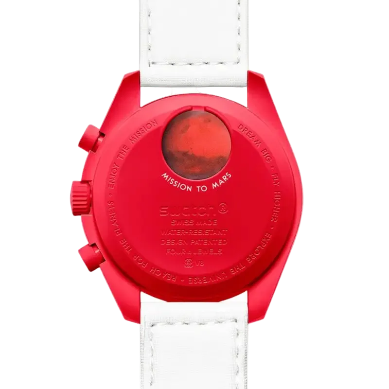 Red watch case with white strap on a white background