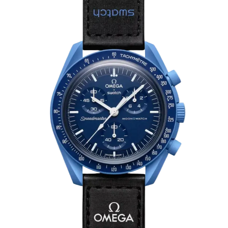 Blue watch with black strap featuring Omega and Swatch logos on a white background
