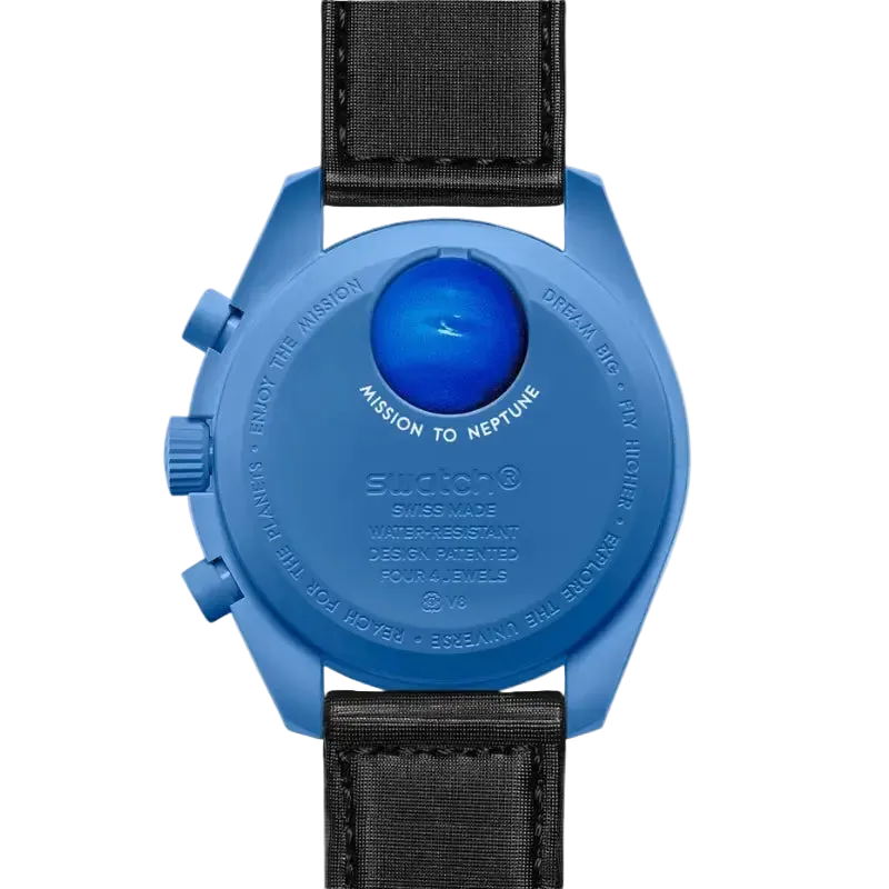 Blue watch with black strap on a white background