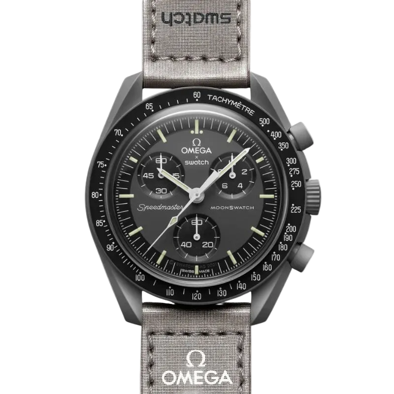 Omega Speedmaster watch with black dial and gray strap on a white background