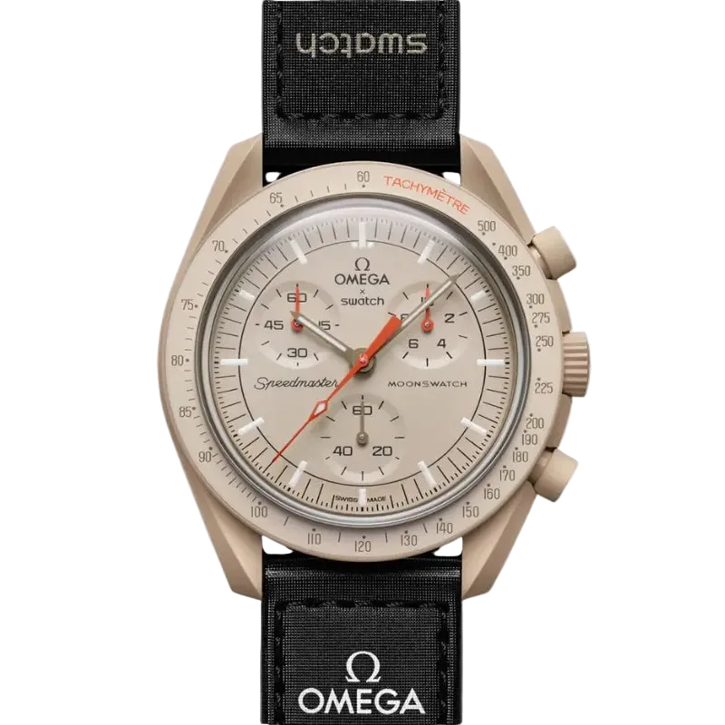 Omega watch with black strap on a white background